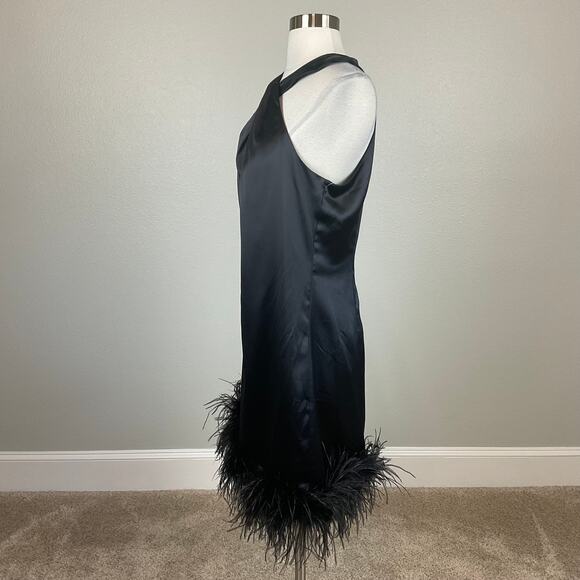 Eliza J Black Satin Feather Trimmed Sleeveless Mini Shift Cocktail Dress Size 10 - Picture 4 of 12